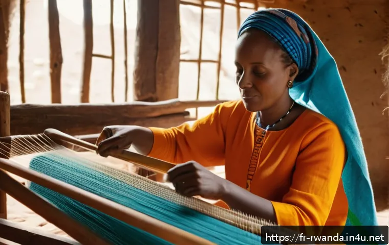 르완다의 전통 직물 학교 - A vibrant Rwandan artisan woman weaving traditional textile on a handcrafted loom in a sunlit worksh...
