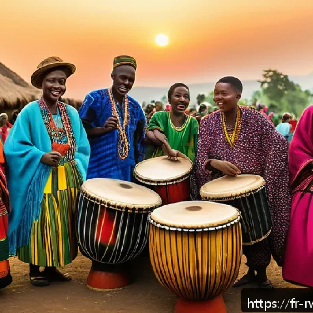 르완다의 주요 전통 음악 공연장 - A vibrant Rwandan village community square during a traditional music gathering at sunset, featuring...