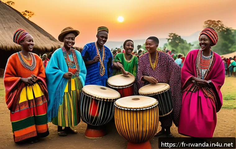 르완다의 주요 전통 음악 공연장 - A vibrant Rwandan village community square during a traditional music gathering at sunset, featuring...