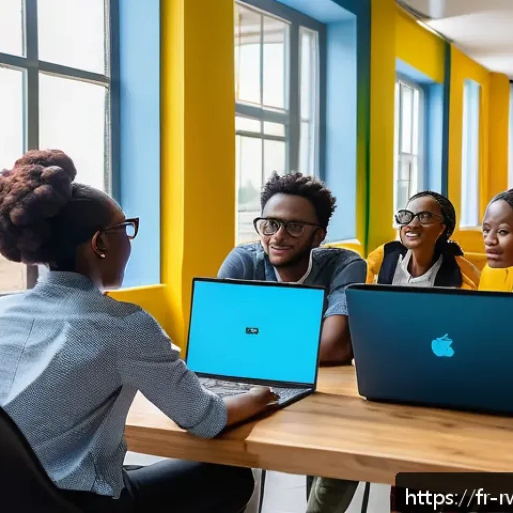 르완다의 주요 경제 지역 - A vibrant Rwandan digital startup hub scene showing young African entrepreneurs working collaborativ...