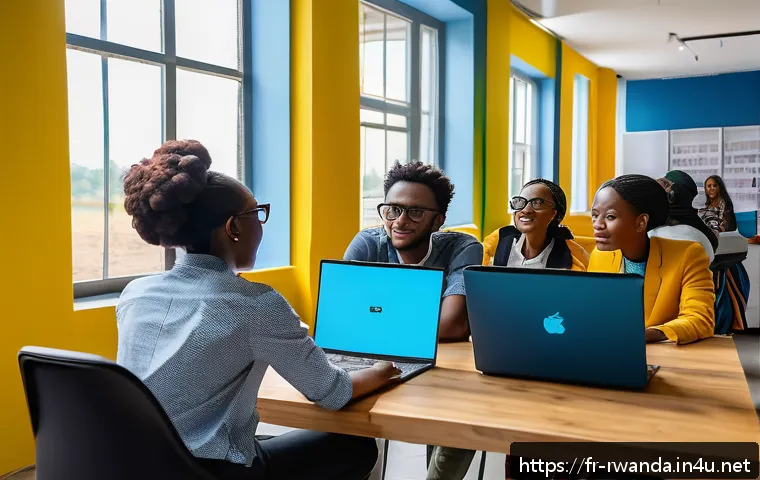르완다의 주요 경제 지역 - A vibrant Rwandan digital startup hub scene showing young African entrepreneurs working collaborativ...