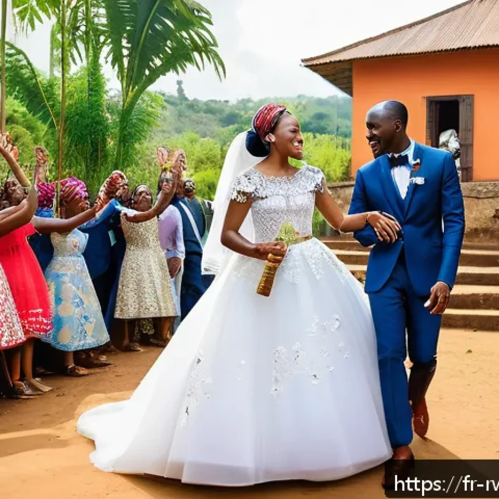 르완다 전통 결혼식 풍경 - A vibrant Rwandan wedding scene featuring the bride and groom in a harmonious blend of traditional a...