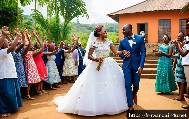 르완다 전통 결혼식 풍경 - A vibrant Rwandan wedding scene featuring the bride and groom in a harmonious blend of traditional a...
