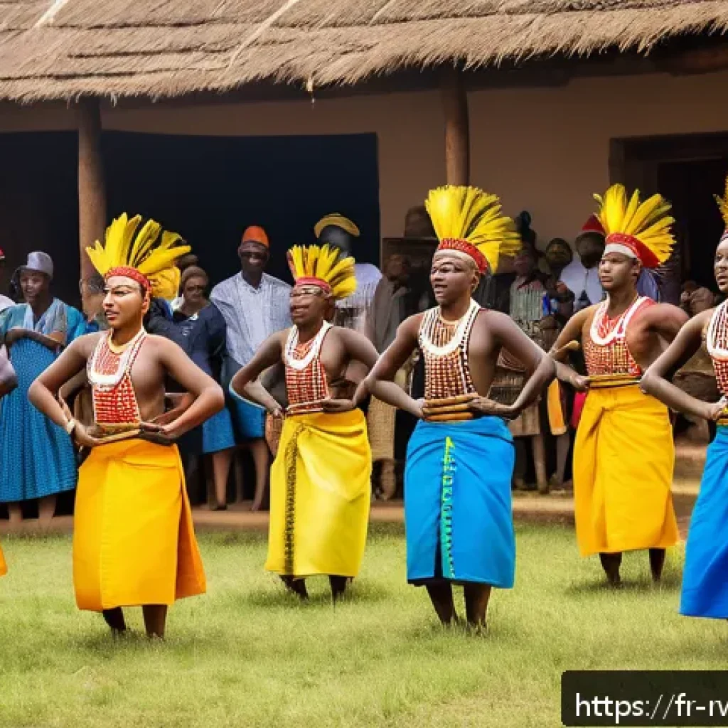 르완다 민속 문화 체험 프로그램 - A dynamic scene of Rwandan Intore dancers performing outdoors during a traditional ceremony, dressed...