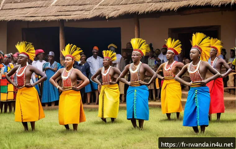 르완다 민속 문화 체험 프로그램 - A dynamic scene of Rwandan Intore dancers performing outdoors during a traditional ceremony, dressed...