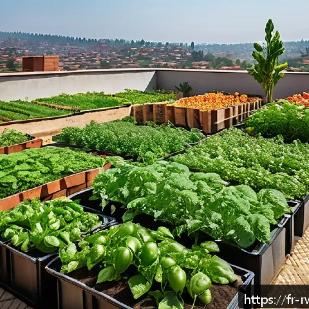 르완다의 도시 농업 - A vibrant urban rooftop garden in Kigali, showcasing lush green vegetable beds with tomatoes, green ...