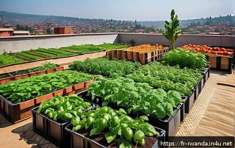 르완다의 도시 농업 - A vibrant urban rooftop garden in Kigali, showcasing lush green vegetable beds with tomatoes, green ...