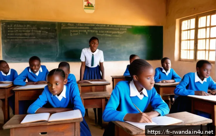르완다의 주요 사회적 문제 - A vibrant rural Rwandan classroom scene showing a diverse group of ambitious teenagers, all wearing ...