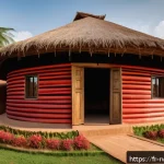 르완다의 전통적 건축 스타일 - A traditional Rwandan village scene showcasing a circular house with thick, sun-dried rammed earth w...