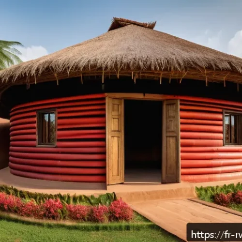 르완다의 전통적 건축 스타일 - A traditional Rwandan village scene showcasing a circular house with thick, sun-dried rammed earth w...