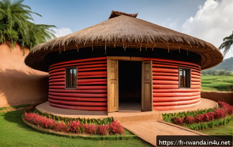 르완다의 전통적 건축 스타일 - A traditional Rwandan village scene showcasing a circular house with thick, sun-dried rammed earth w...