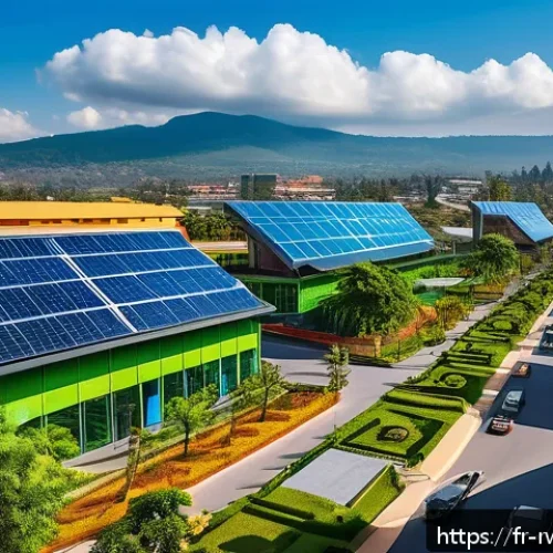 르완다와 세계 경제 - A vibrant digital innovation hub in Kigali, Rwanda, featuring modern office buildings with solar pan...