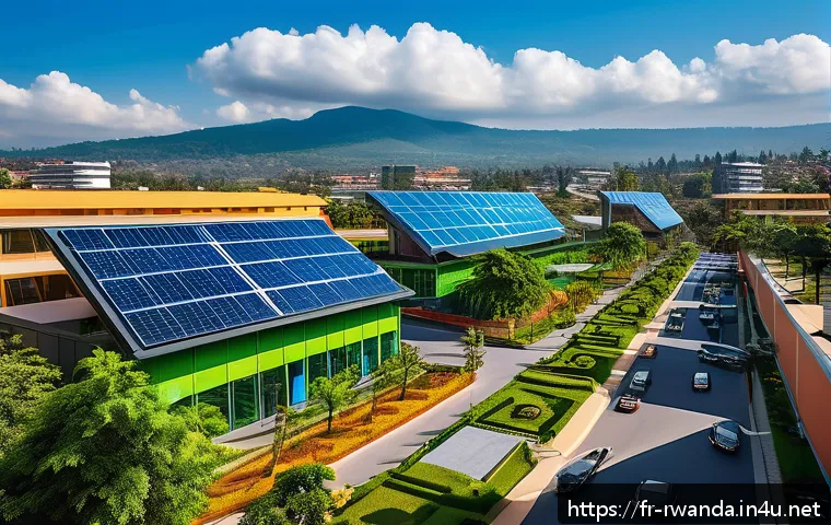 르완다와 세계 경제 - A vibrant digital innovation hub in Kigali, Rwanda, featuring modern office buildings with solar pan...