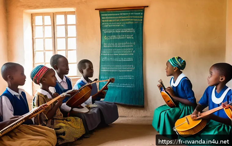 르완다 민속 음악 교육 프로그램 - A vibrant classroom scene in a Rwandan rural school where children, all wearing modest clothing, act...