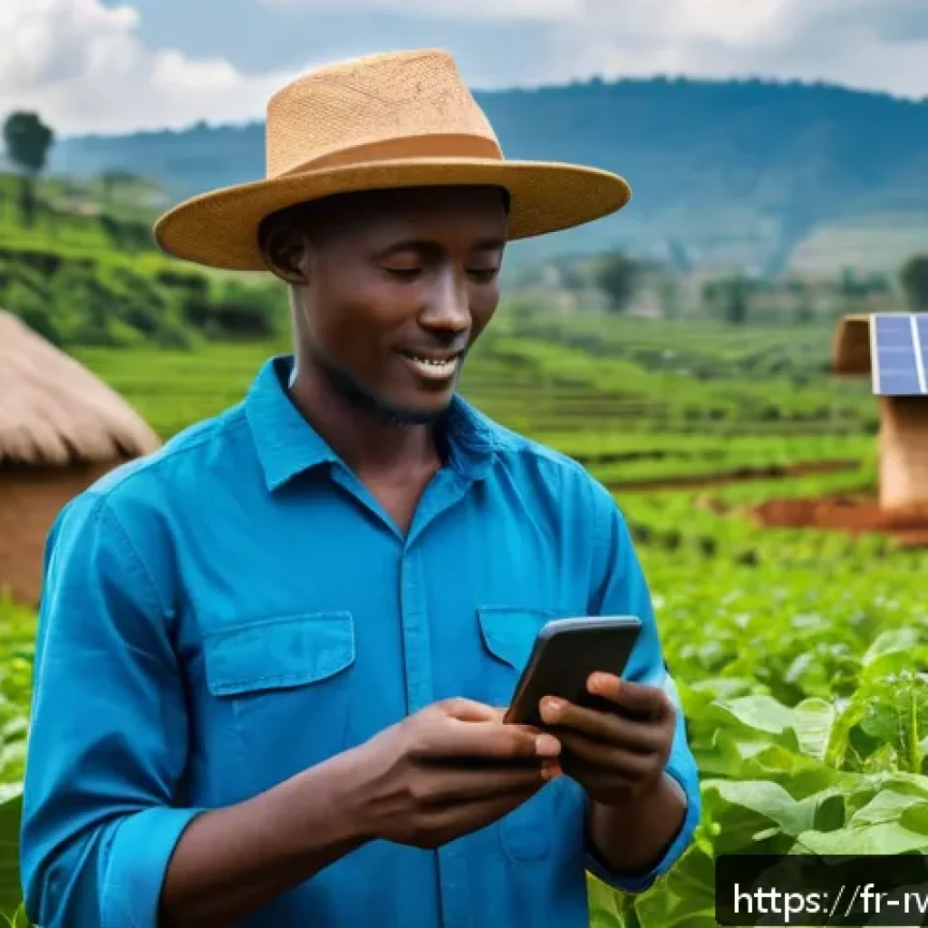 르완다의 주요 직업군 - A vibrant rural Rwandan farm scene showcasing a young farmer wearing modest clothing and a wide-brim...
