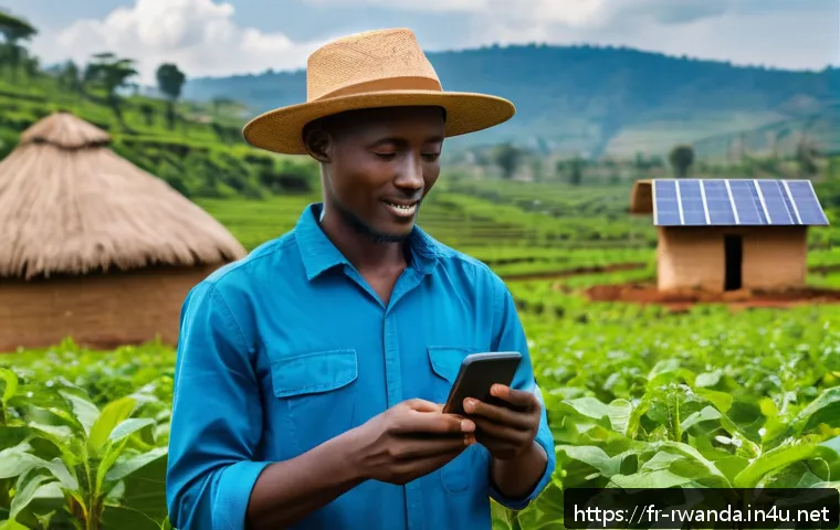 르완다의 주요 직업군 - A vibrant rural Rwandan farm scene showcasing a young farmer wearing modest clothing and a wide-brim...
