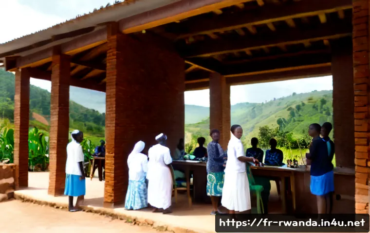 르완다 커뮤니티 센터 - Photorealistic exterior of a welcoming community center in rural Rwanda, sustainable brick architect...