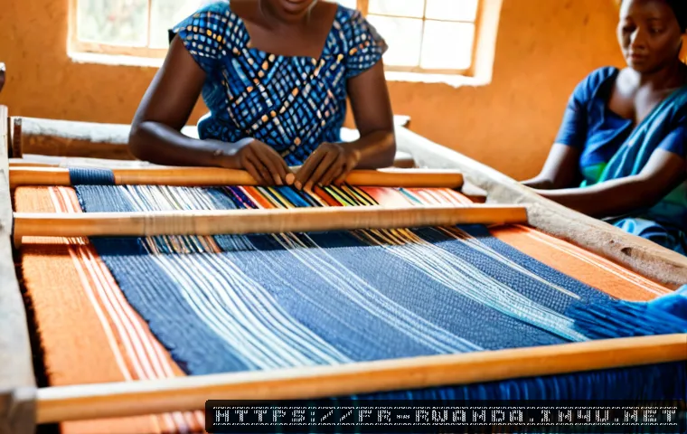 르완다 전통 직물 산업의 국제적 영향 - Photorealistic documentary-style scene inside a bright Kigali textile cooperative, Rwandan women art...