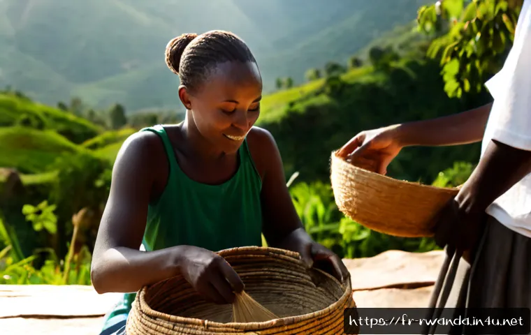 르완다의 전통 문화 체험 - Photorealistic cultural experience in rural Rwanda, a welcoming Rwandan artisan demonstrating tradit...