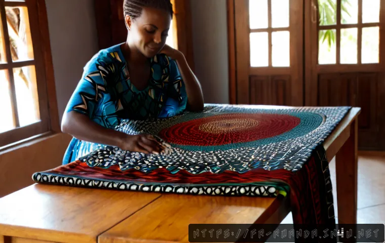 Home 17 르완다의 주요 전통 직물 브랜드 - Photorealistic artisan textile boutique in Kigali, Rwanda, a skilled Rwandan woman carefully display...