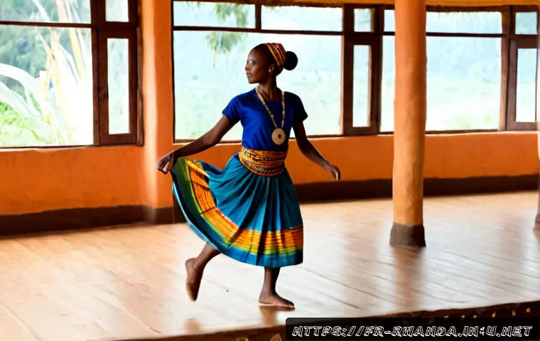르완다 전통 춤 연구소 - Photorealistic documentary scene inside a Rwanda traditional dance institute, a focused young adult ...