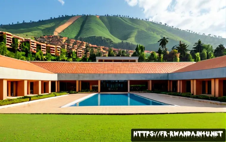 르완다의 주요 건축 양식 - Photorealistic wide-angle view of a contemporary Rwandan civic building in Kigali, blending clean mo...