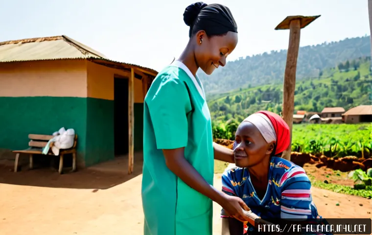 Home 30 르완다에서의 보건 봉사 - Photorealistic community health outreach in rural Rwanda, a compassionate African healthcare volunte...