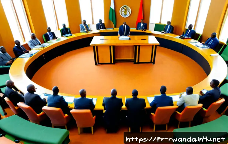 Home 17 르완다의 정치 제도 - Photorealistic wide-angle view of a modern Rwandan parliamentary chamber, diverse elected representa...