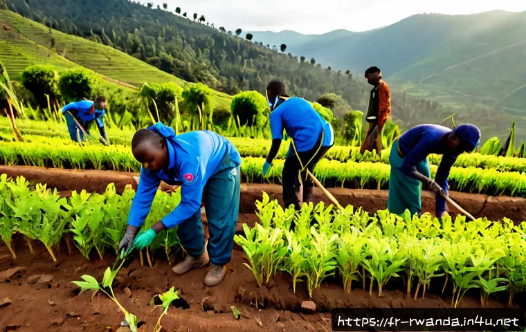 르완다 산림 보호 프로그램 - Photorealistic Rwanda forest conservation program, a diverse group of adult local community rangers ...